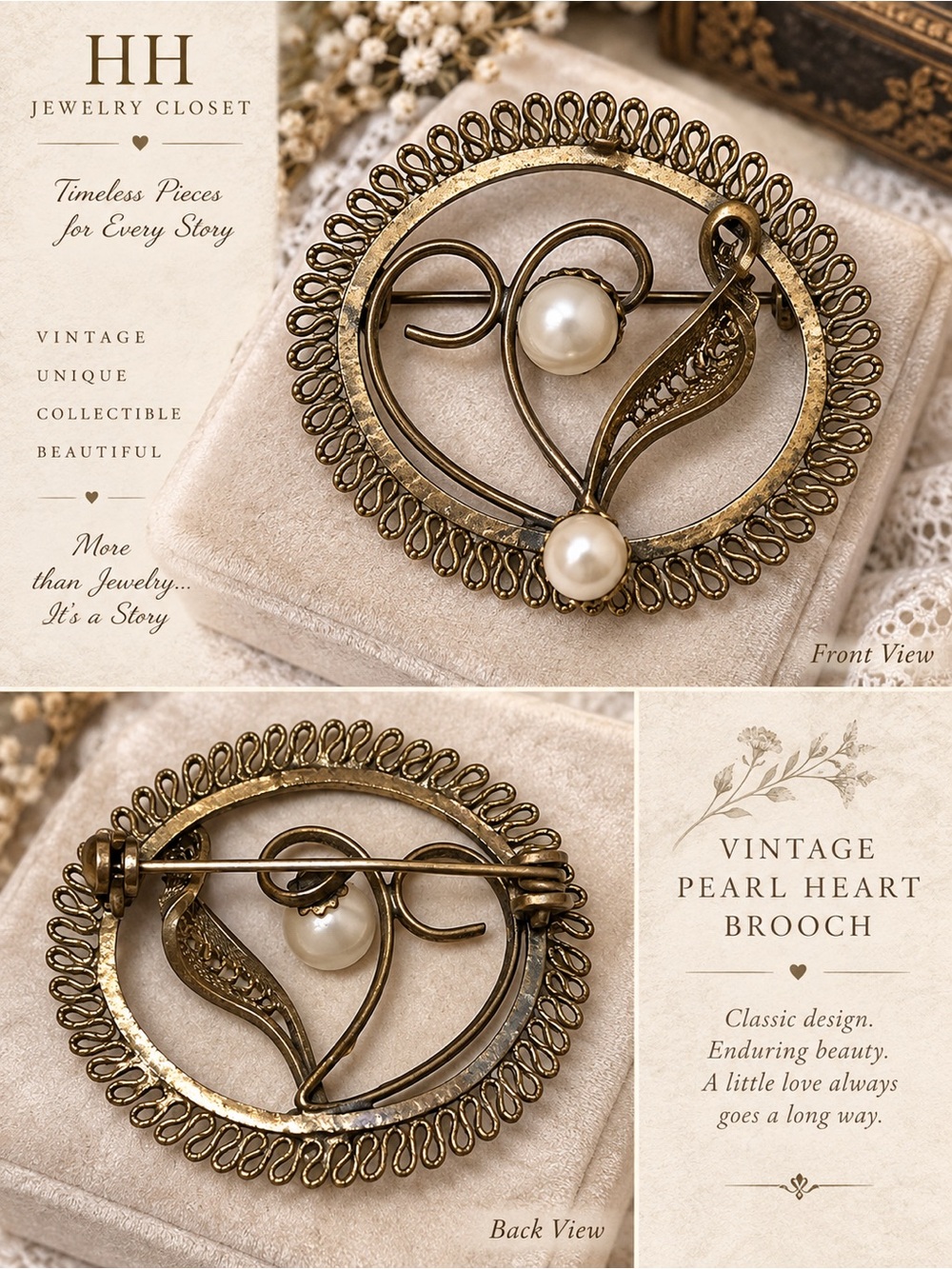 Vintage Gold Tone Round Lace Filigree and Pearl Heart Brooch Pin | 1.25” GUC